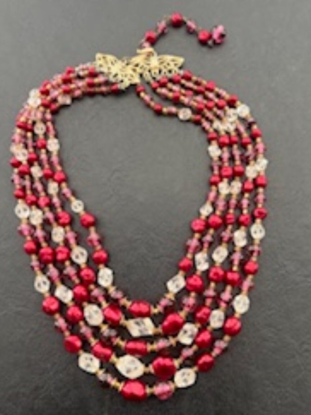Multi strand 13" necklace-Red, cranberry, & clear graudating beads